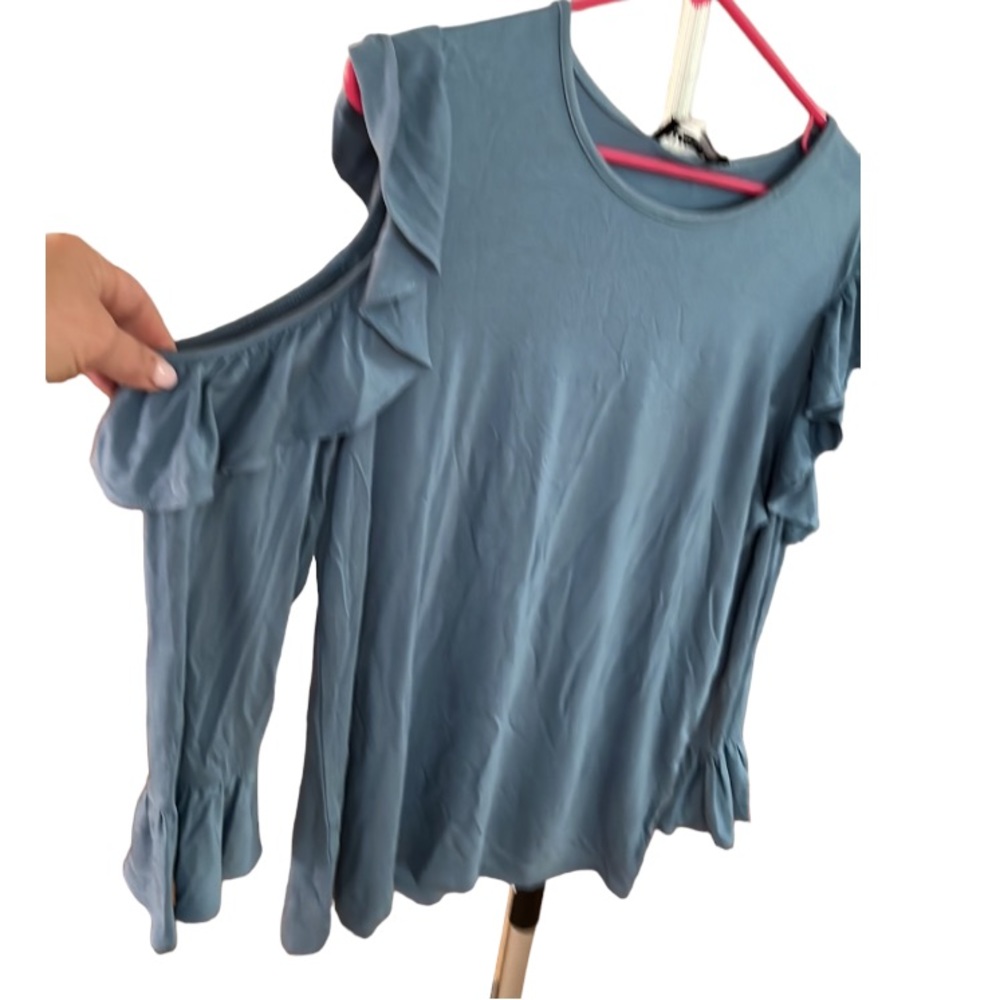Karl Lagerfield large slate blue long sleeve crew neck tee with cold shoulder